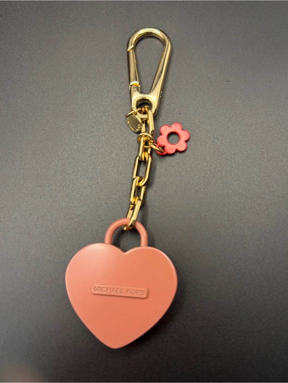 Michael Kors Gold-Tone Keychain with Coral Pink Heart Lock and Flower Charm